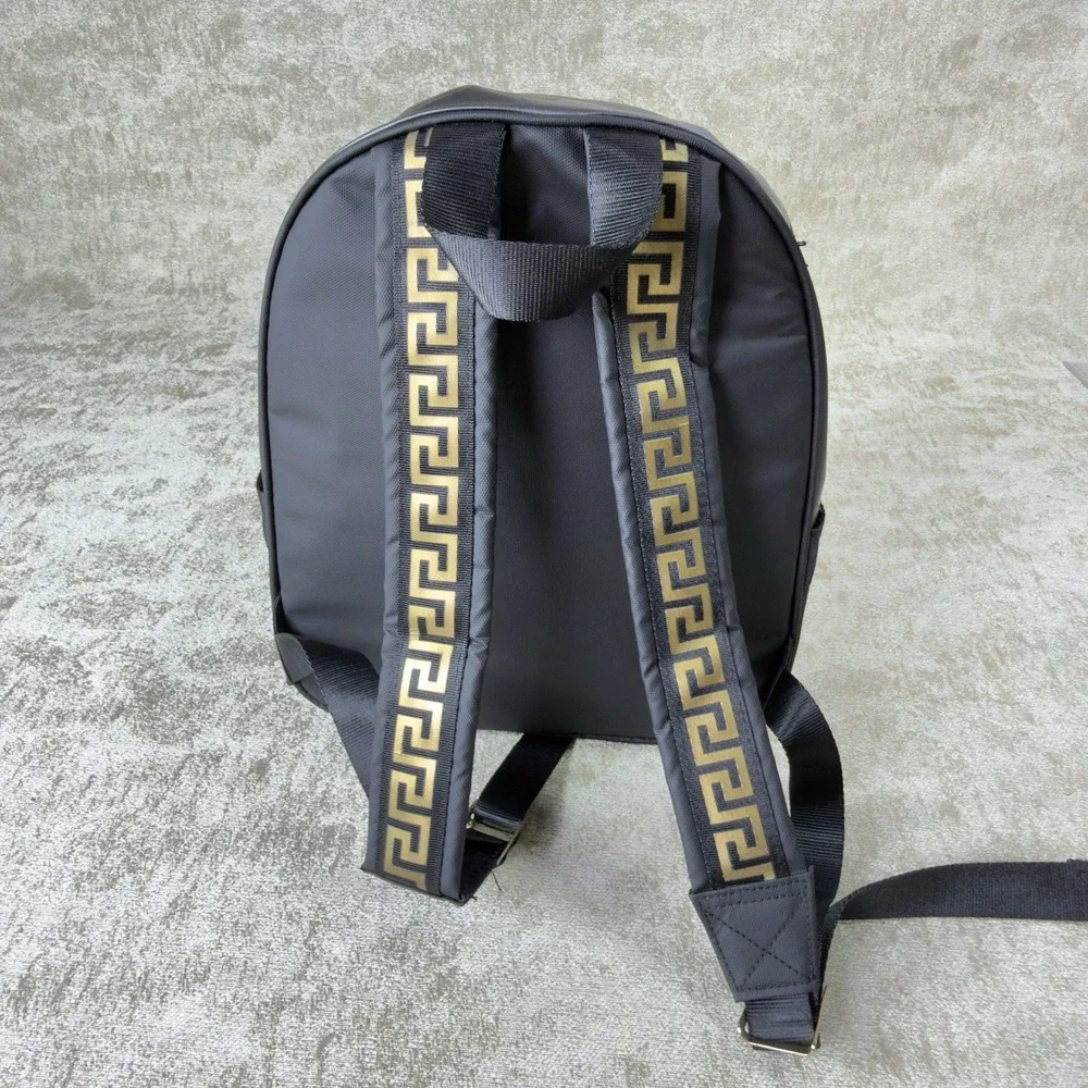 Versace Black Backpack Zip Closure Greek Key Straps Designer Casual Men